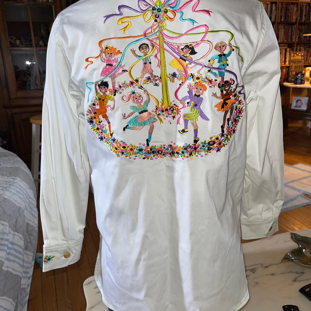 White Embroidered Dance Scene Button-Up Shirt